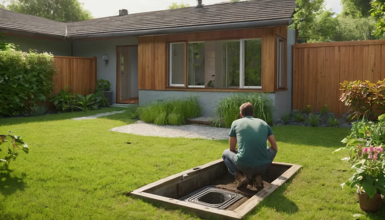 A provider checking a septic tank lid in a backyard near Plano